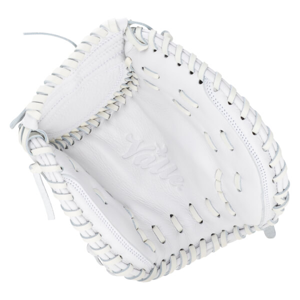 Top-down view of a white baseball glove with "Yaire" embossed on the palm and white lacing.