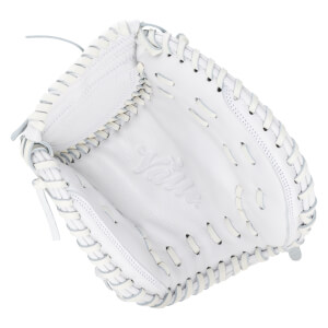 Top-down view of a white baseball glove with "Yaire" embossed on the palm and white lacing.