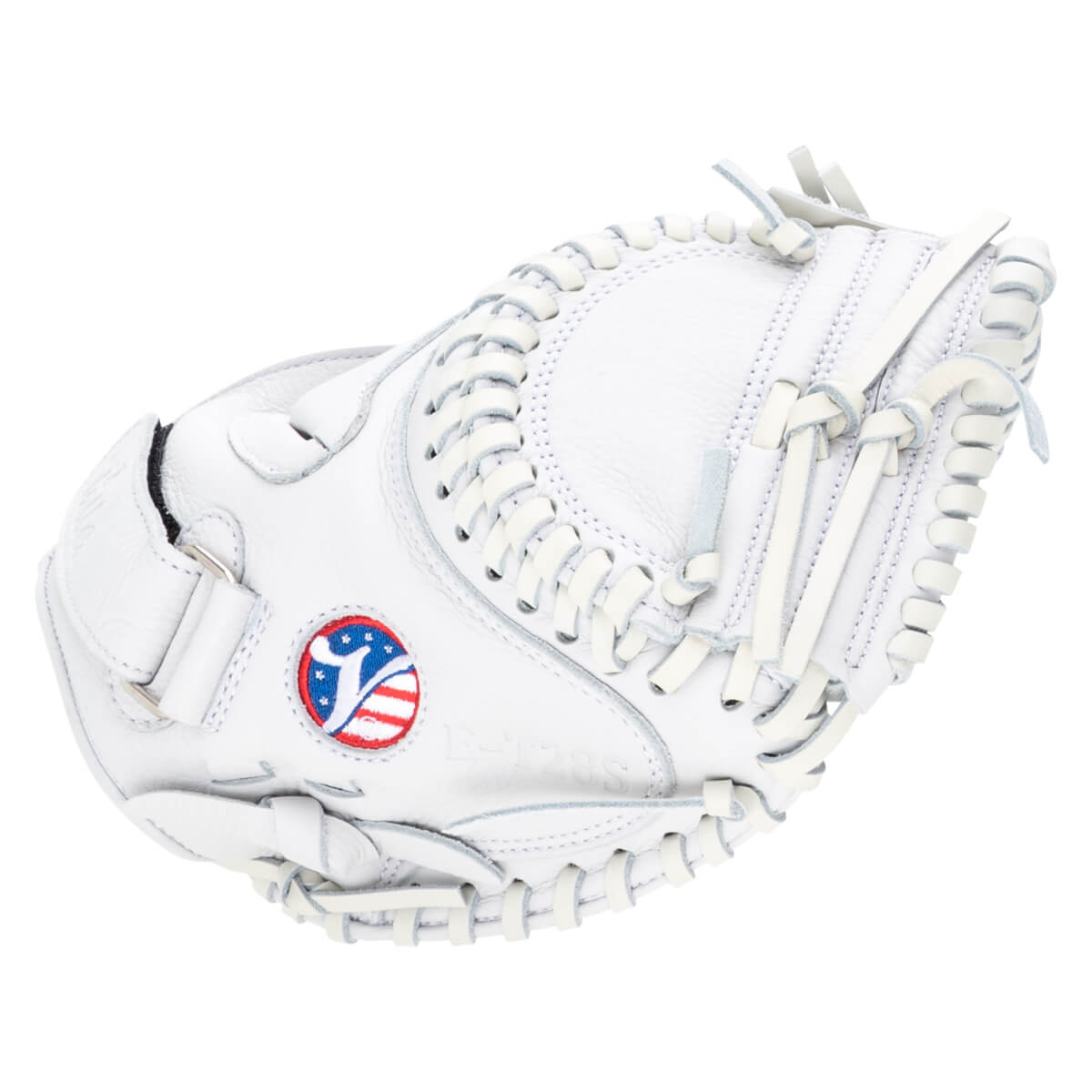 Side view of a white baseball mitt with a red, white, and blue logo and "E-T28S" embossed on the leather.