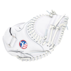 Side view of a white baseball mitt with a red, white, and blue logo and "E-T28S" embossed on the leather.
