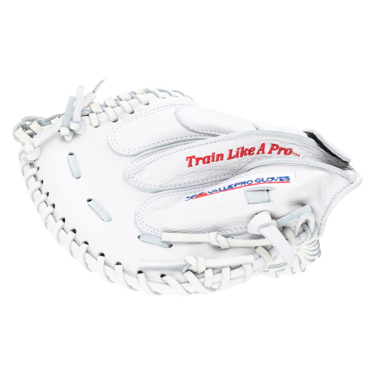 Top-down view of a white baseball glove with red "Train Like A Pro" text and a blue "VALUE PRO GLOVES" label.