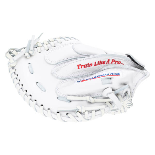 Top-down view of a white baseball glove with red "Train Like A Pro" text and a blue "VALUE PRO GLOVES" label.