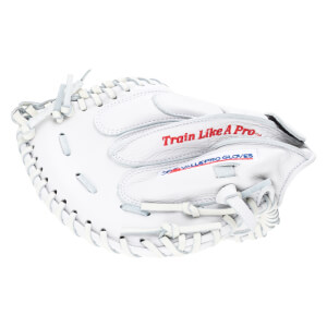 Top-down view of a white baseball glove with red "Train Like A Pro" text and a blue "VALUE PRO GLOVES" label.