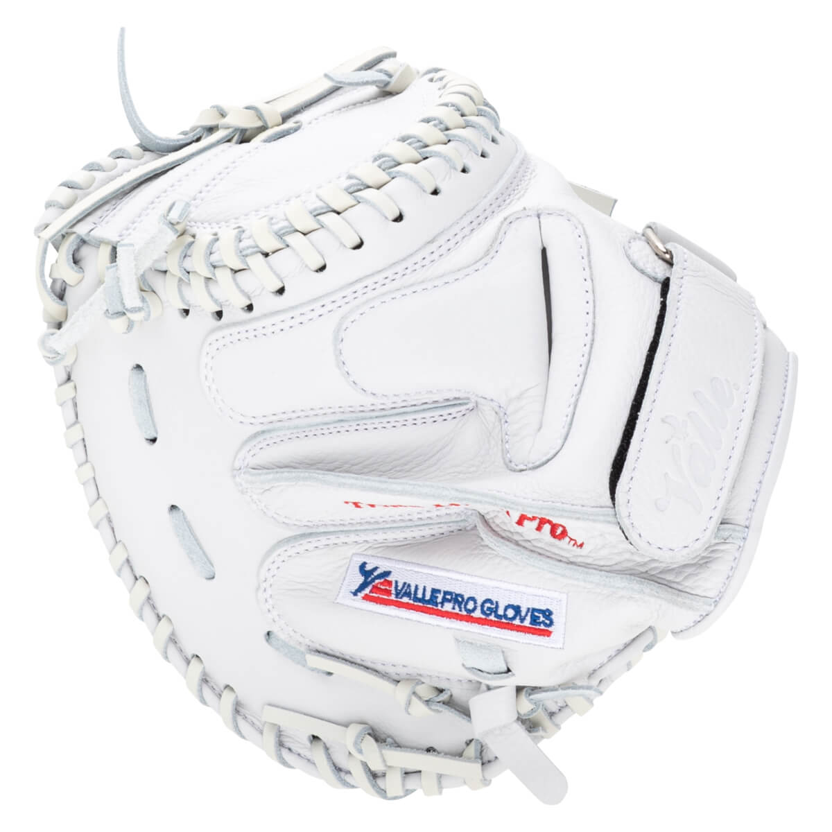 Top-down view of a white baseball glove with "VALLEPRO GLOVES" visible on a label.