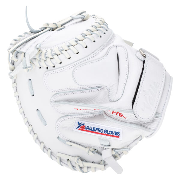 Top-down view of a white baseball glove with "VALLEPRO GLOVES" visible on a label.