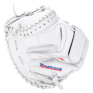 Top-down view of a white baseball glove with "VALLEPRO GLOVES" visible on a label.