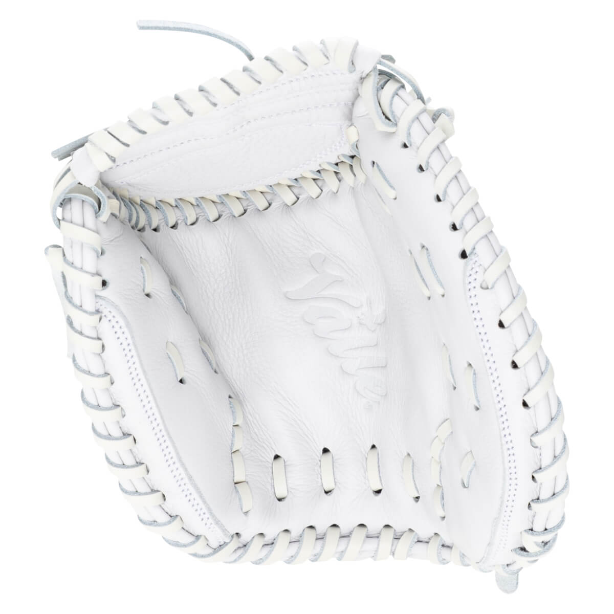 Top-down view of a white baseball glove with detailed lacing and a debossed logo.