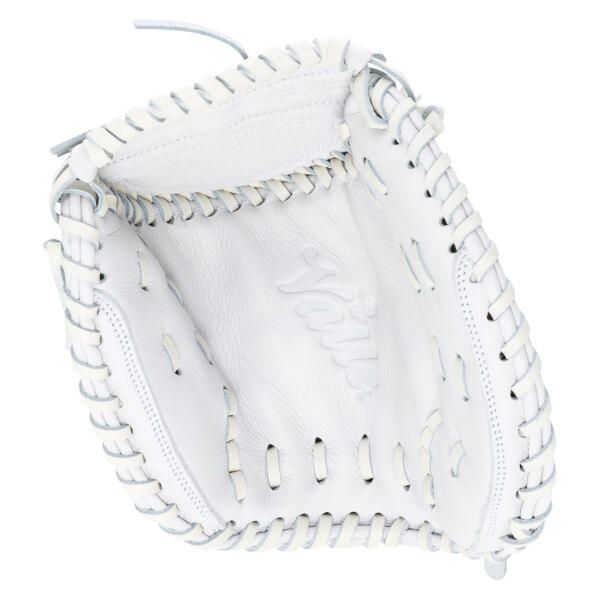 Top-down view of a white baseball glove with detailed lacing and a debossed logo.