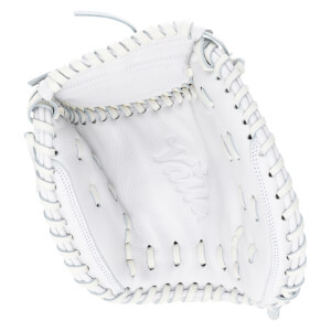 Top-down view of a white baseball glove with detailed lacing and a debossed logo.