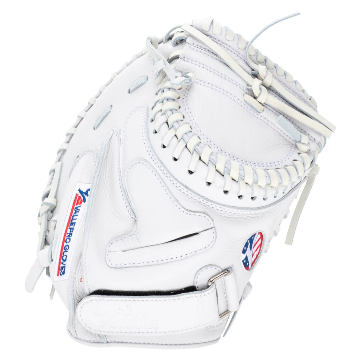 Side view of a white baseball glove with "VALLE PRO GLOVE" text and an American flag emblem.