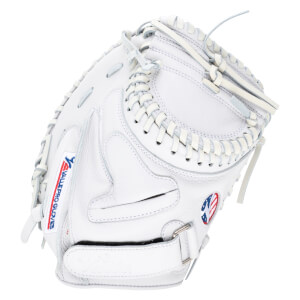 Side view of a white baseball glove with "VALLE PRO GLOVE" text and an American flag emblem.