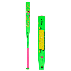 Side view of a neon green baseball bat with a pink grip, featuring a graffiti-style "BIG BOY" graphic and a torch.