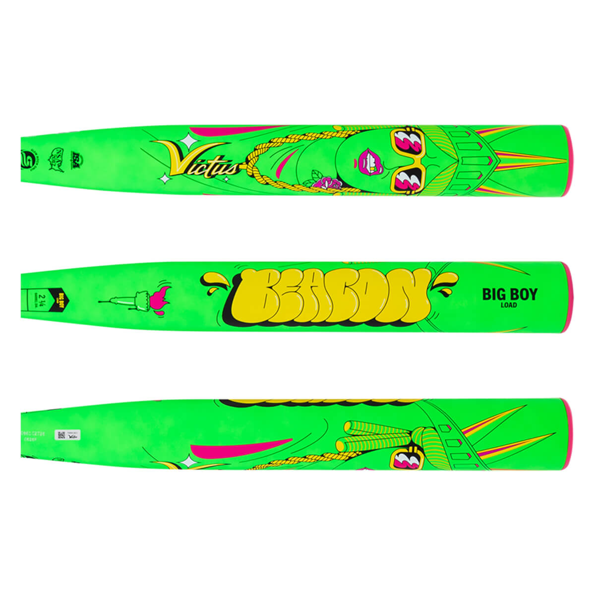 Top view of a neon green baseball bat with "Victus" and a cartoon face graphic.