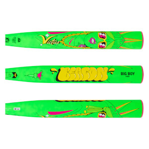 Top view of a neon green baseball bat with "Victus" and a cartoon face graphic.