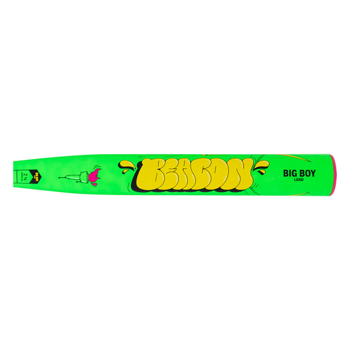 Side view of a neon green baseball bat with yellow "BEACON" graffiti and "BIG BOY LOAD" text.