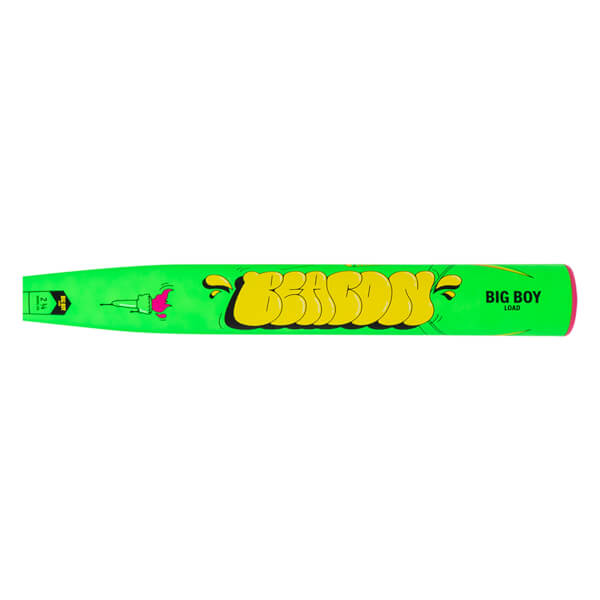 Side view of a neon green baseball bat with yellow "BEACON" graffiti and "BIG BOY LOAD" text.