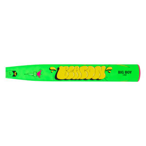 Side view of a neon green baseball bat with yellow "BEACON" graffiti and "BIG BOY LOAD" text.