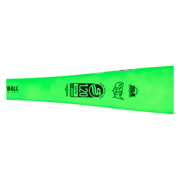 Side view of a neon green softball bat with "USSSA BPF 1.20" and "NSF 2012" logos.