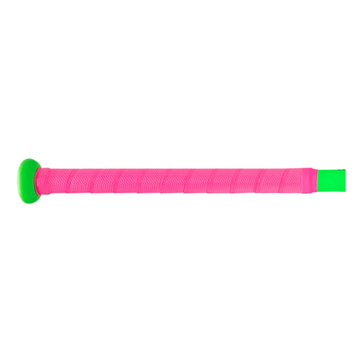 Side view of a baseball bat with a bright pink grip and green knob and end cap.