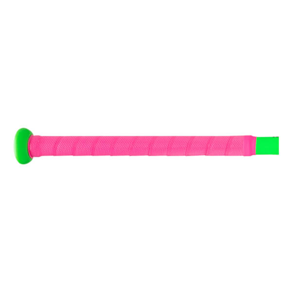 Side view of a baseball bat with a bright pink grip and green knob and end cap.