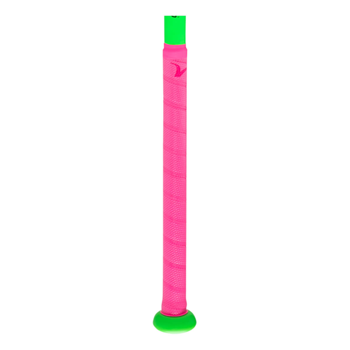 Close-up of a bright pink textured grip with a pink logo and a neon green cap.