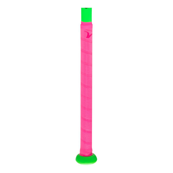 Close-up of a bright pink textured grip with a pink logo and a neon green cap.
