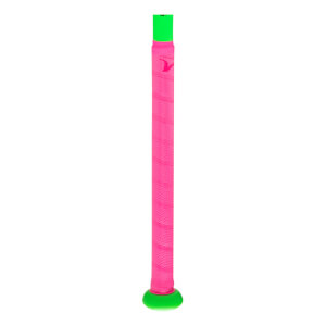 Close-up of a bright pink textured grip with a pink logo and a neon green cap.