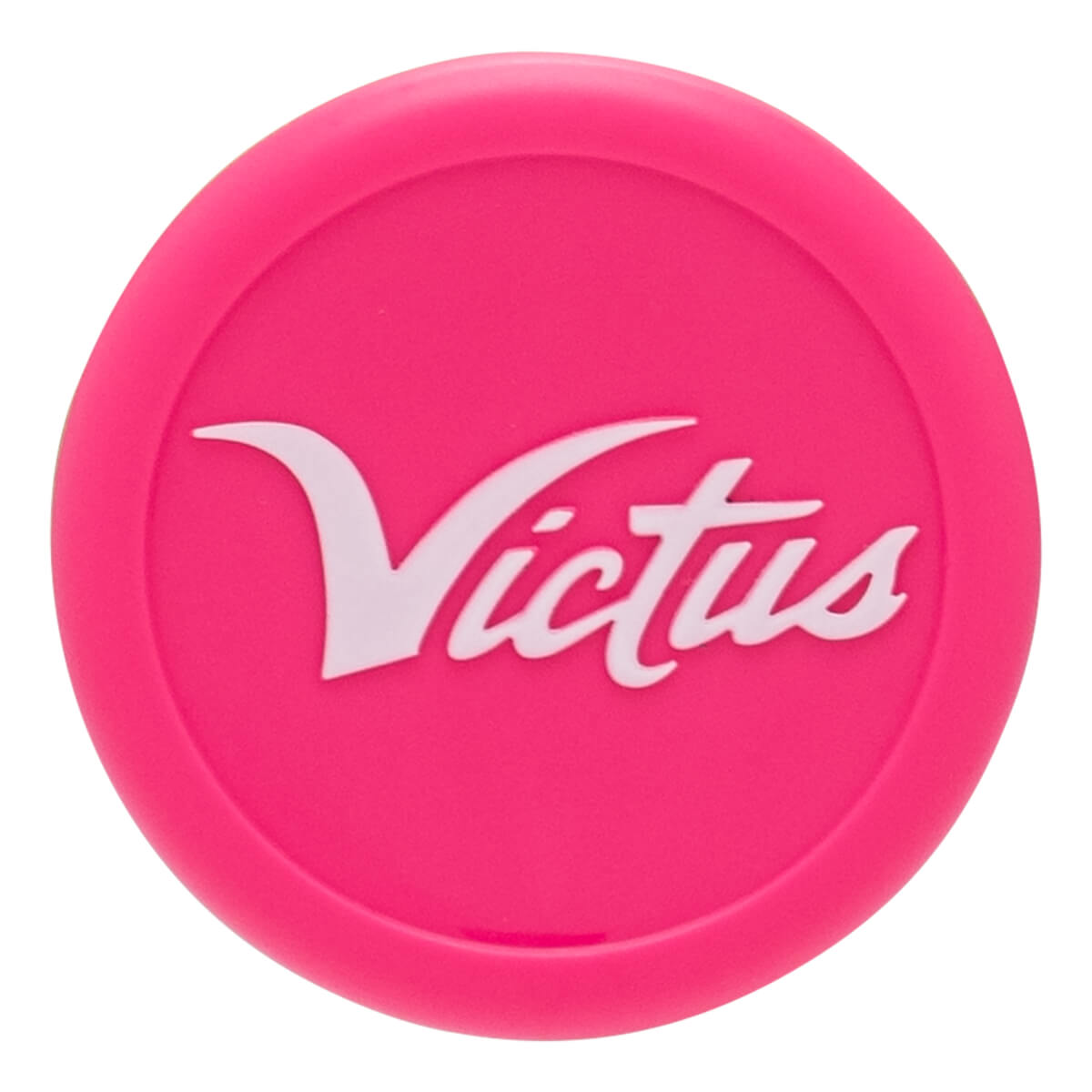 Top-down view of a bright pink disc with the white "Victus" logo.