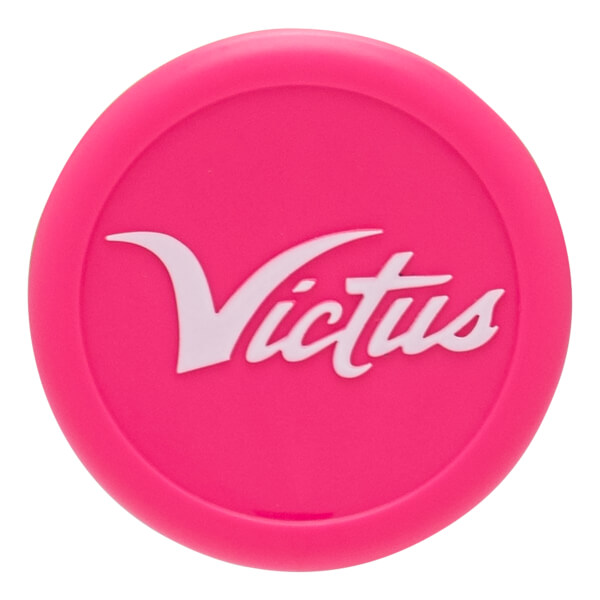 Top-down view of a bright pink disc with the white "Victus" logo.