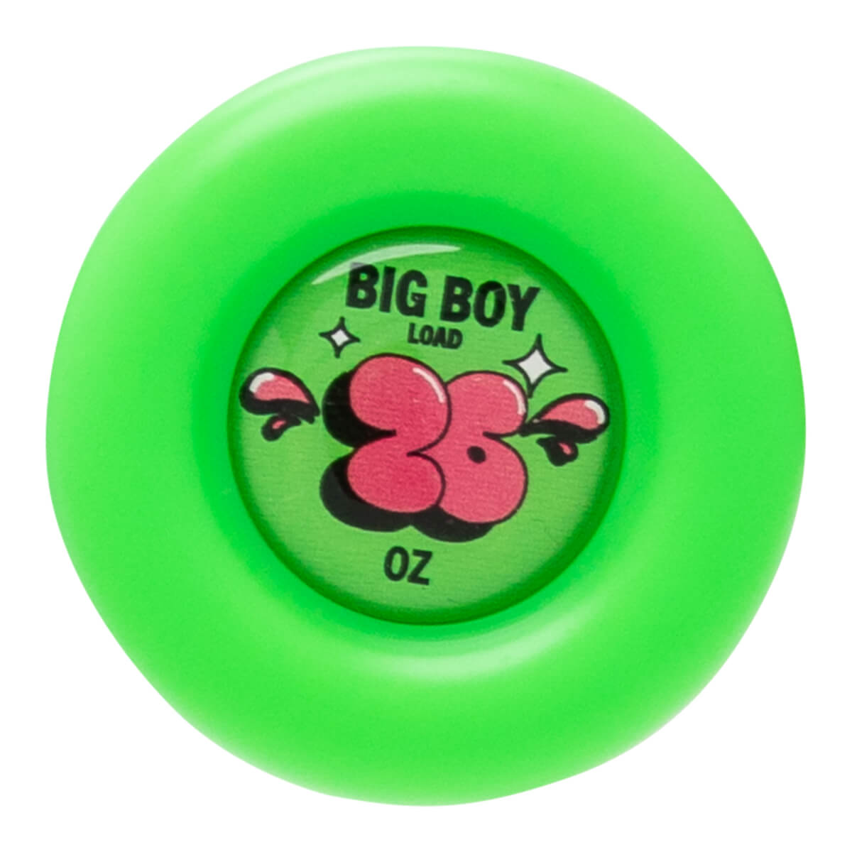 Top-down view of a bright green round object with "BIG BOY LOAD 33 OZ" text and cartoon cherries.