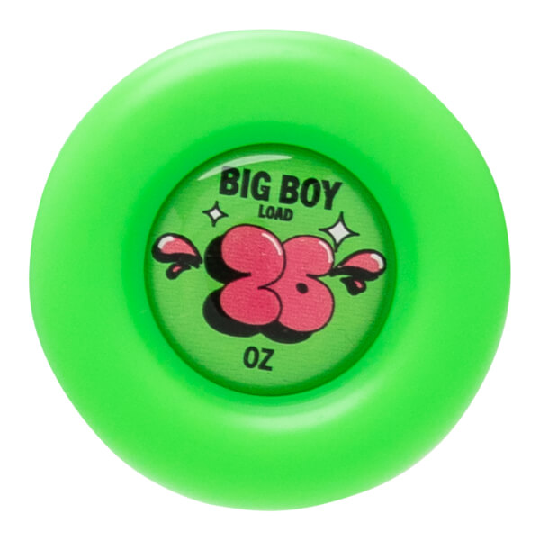 Top-down view of a bright green round object with "BIG BOY LOAD 33 OZ" text and cartoon cherries.