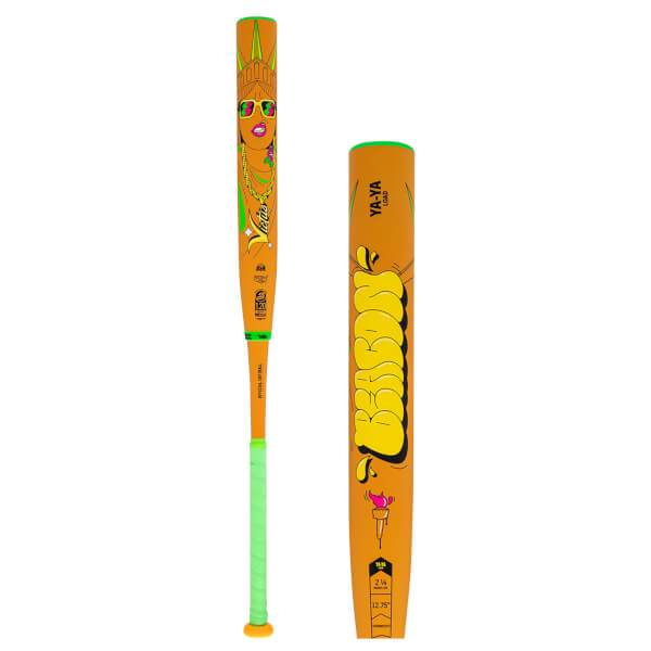 Front view of an orange baseball bat featuring a graphic of the Statue of Liberty wearing sunglasses and the word "Victus".