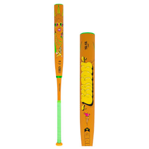 Front view of an orange baseball bat featuring a graphic of the Statue of Liberty wearing sunglasses and the word "Victus".