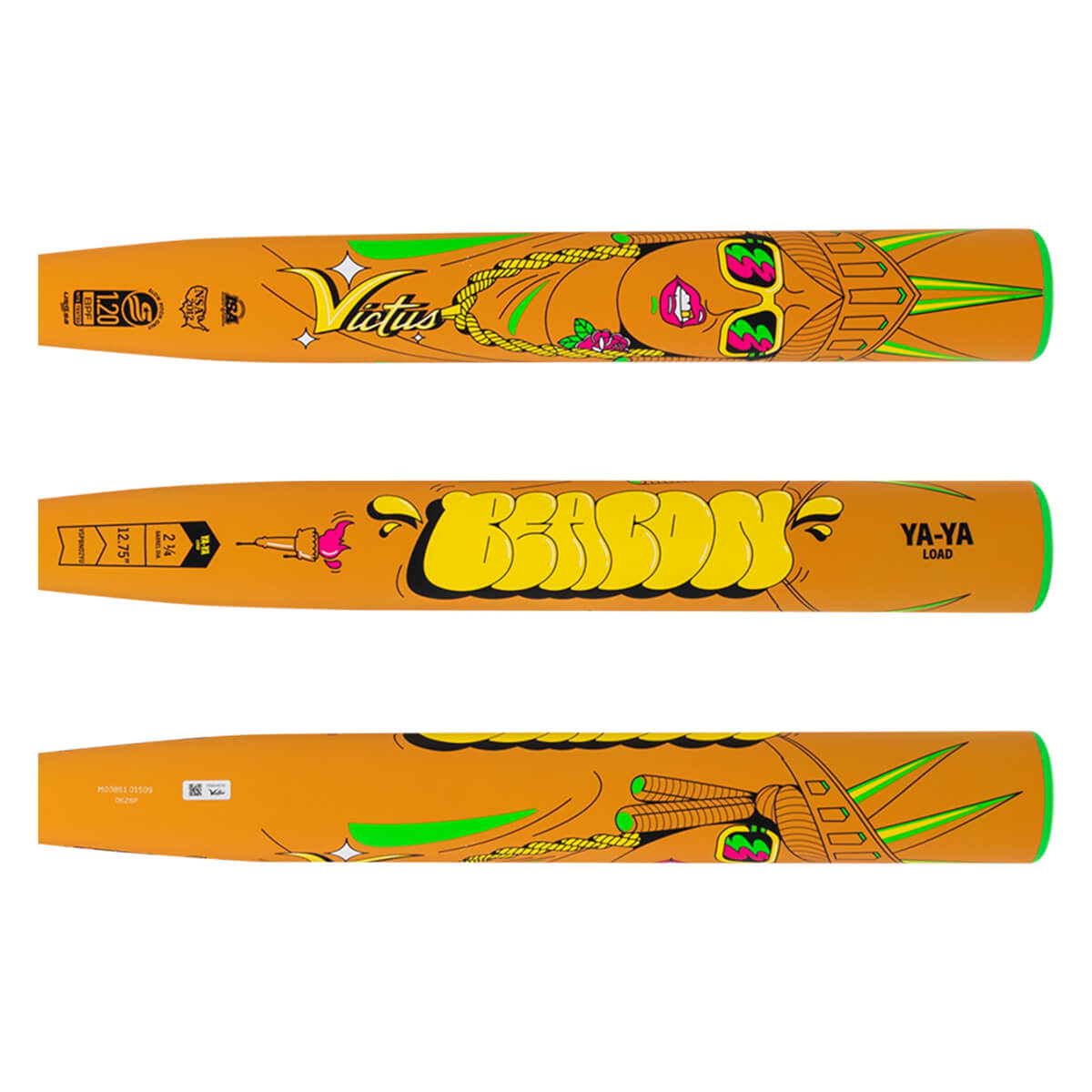 Front view of an orange baseball bat with a cartoon woman wearing sunglasses and the word "VICTUS" in yellow script.