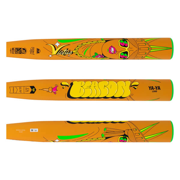 Front view of an orange baseball bat with a cartoon woman wearing sunglasses and the word "VICTUS" in yellow script.
