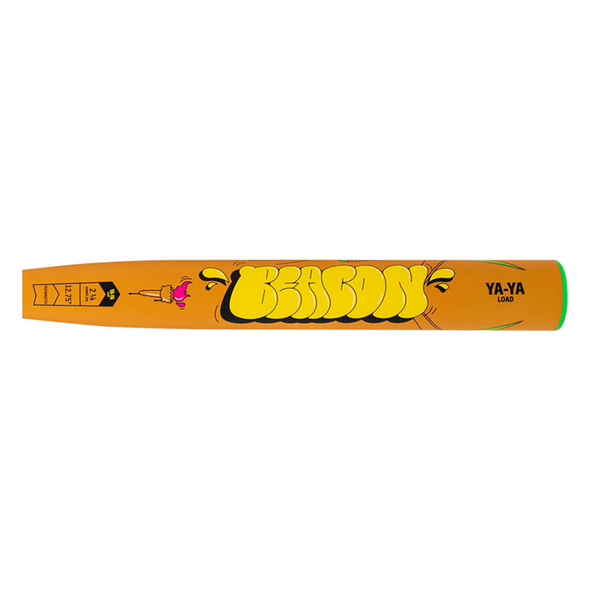 Side view of an orange baseball bat with yellow graffiti-style lettering that reads "BEACON" and "YA-YA LOAD".