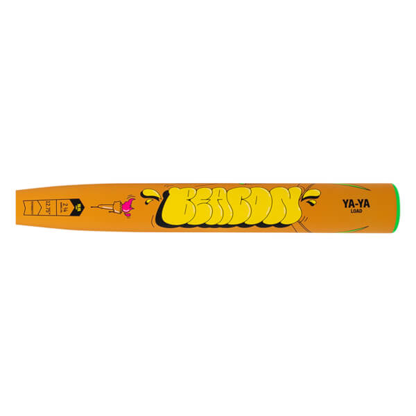 Side view of an orange baseball bat with yellow graffiti-style lettering that reads "BEACON" and "YA-YA LOAD".
