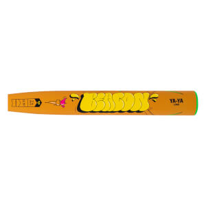 Side view of an orange baseball bat with yellow graffiti-style lettering that reads "BEACON" and "YA-YA LOAD".