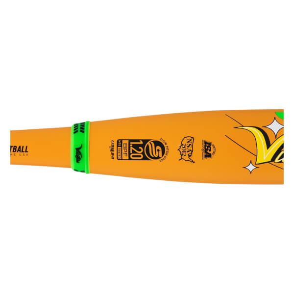 Close-up of an orange bat showing a green grip, "1.20 BPF", and "USSSA" certification.