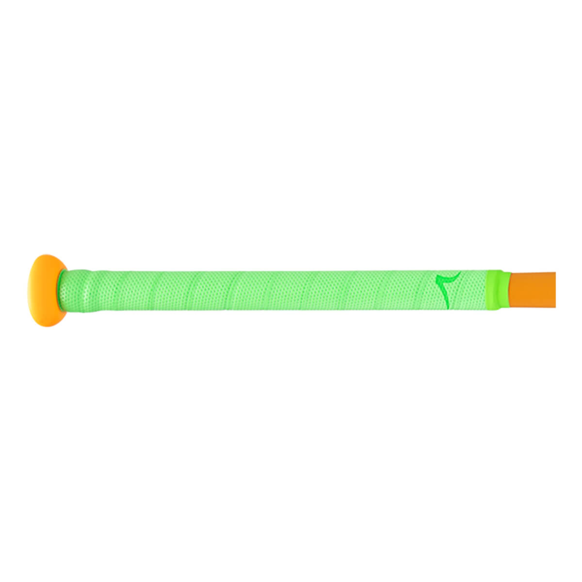 Side view of a bright orange knob and a textured neon green grip with a small green logo.