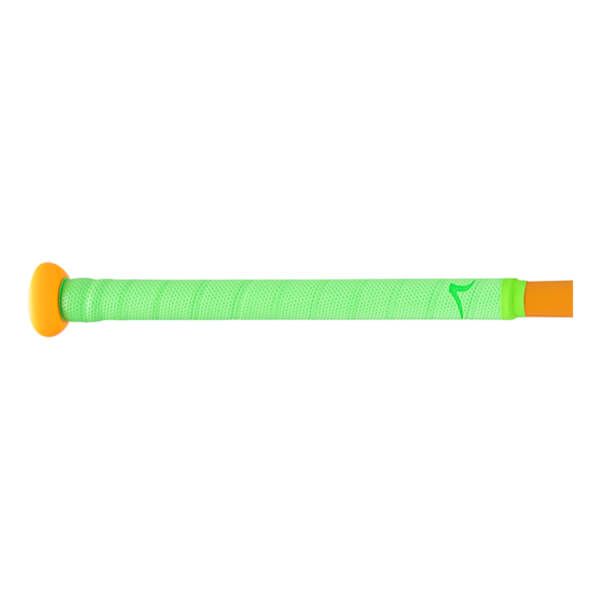 Side view of a bright orange knob and a textured neon green grip with a small green logo.