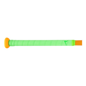 Side view of a bright orange knob and a textured neon green grip with a small green logo.