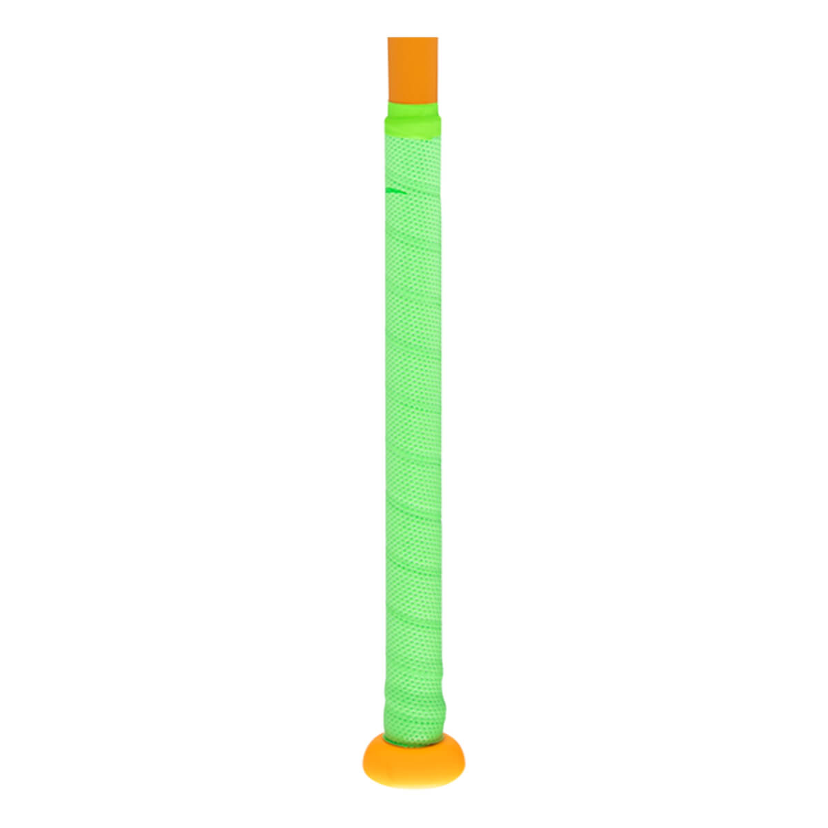 Close-up of the grip end of a bat, showing a bright orange knob and a textured neon green grip.