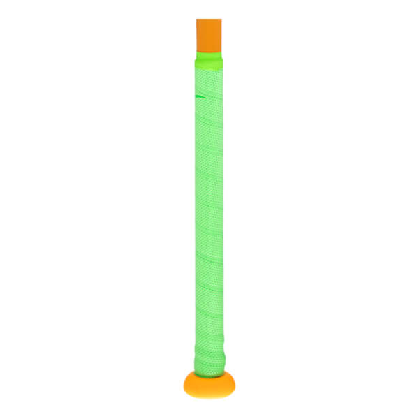 Close-up of the grip end of a bat, showing a bright orange knob and a textured neon green grip.