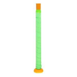 Close-up of the grip end of a bat, showing a bright orange knob and a textured neon green grip.