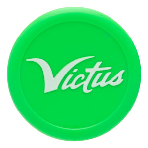 Top-down view of a bright green disc with a white "Victus" logo.