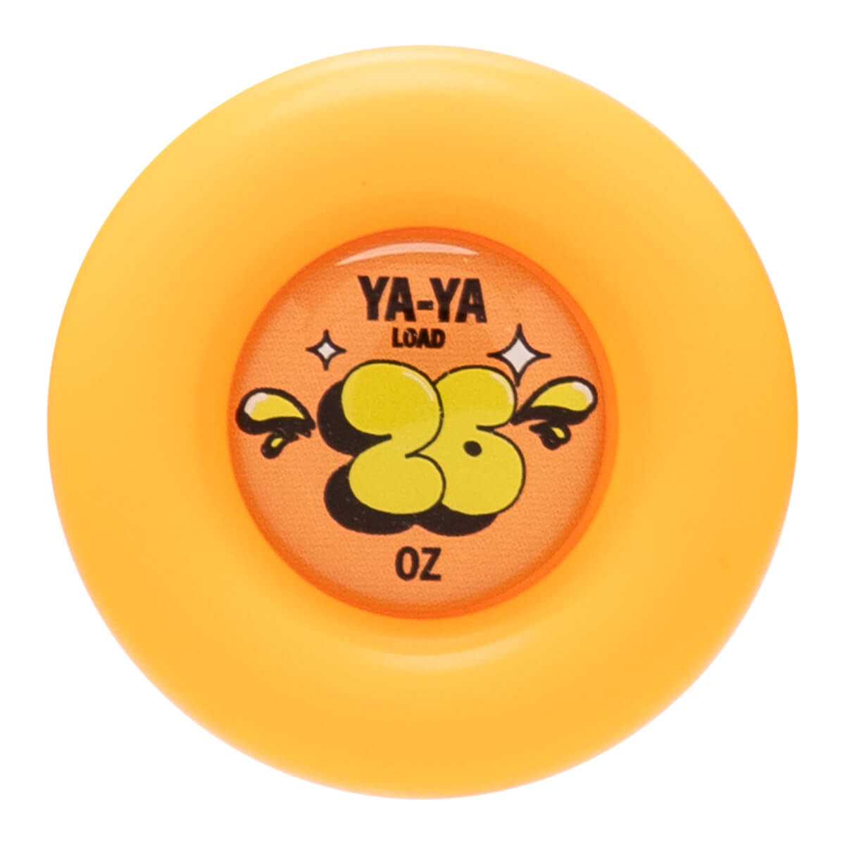 Top-down view of an orange yo-yo with a graphic featuring "YA-YA LOAD" and "38 OZ".