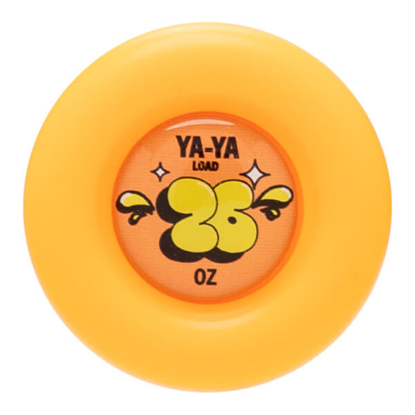 Top-down view of an orange yo-yo with a graphic featuring "YA-YA LOAD" and "38 OZ".