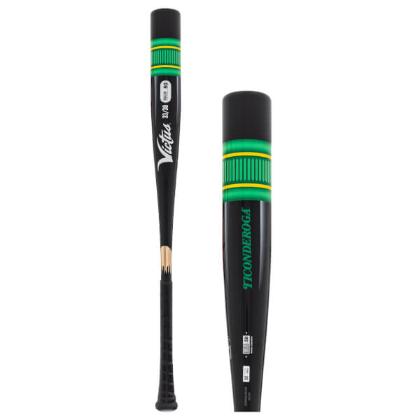Front view and close-up of a black Victus baseball bat with green and yellow pencil-like barrel and TICONDEROGA text.