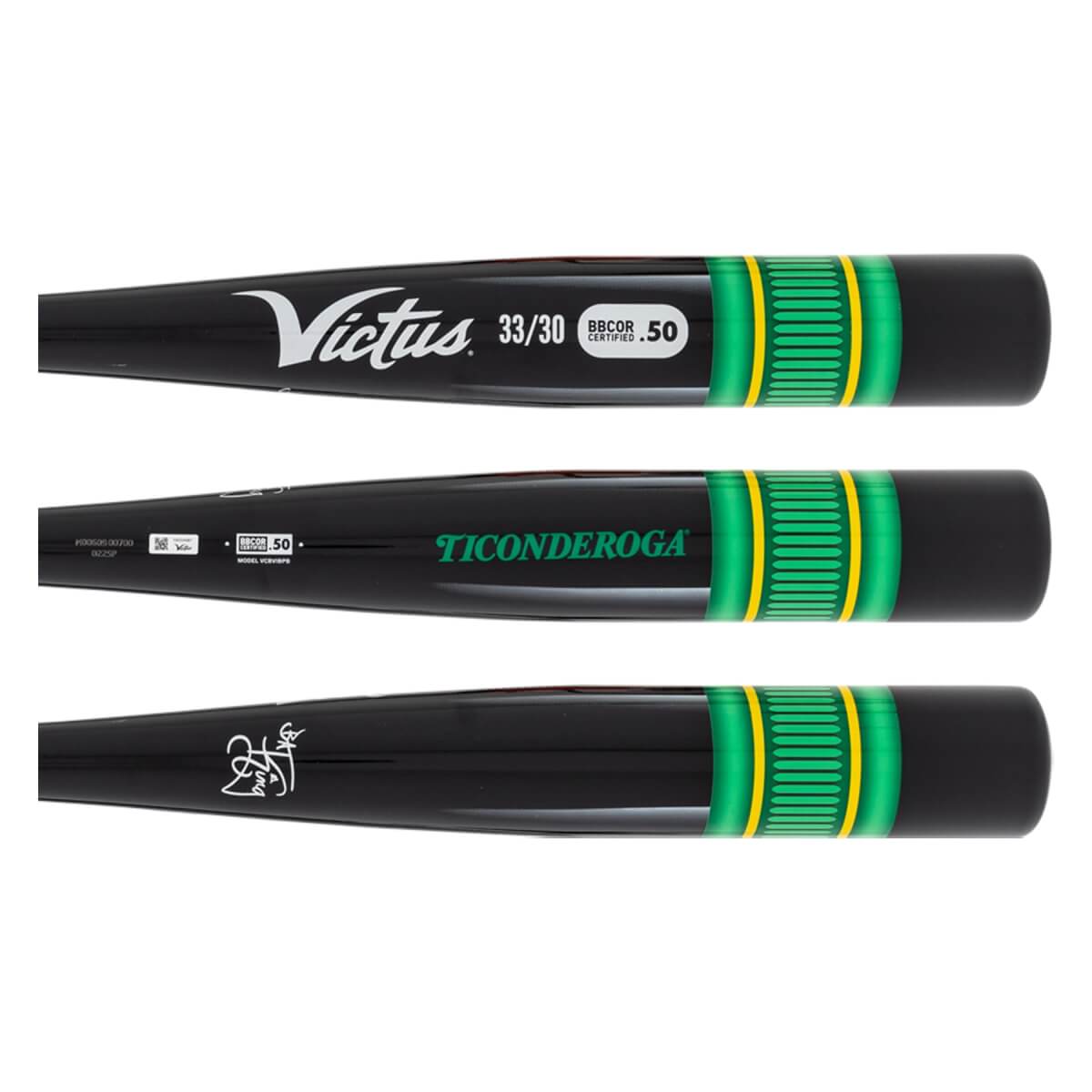 Detail views of a black baseball bat with white Victus logo, green Ticonderoga text, and green/yellow horizontal stripes.
